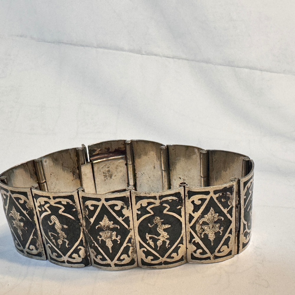 Vintage Siam Sterling Silver Niello Panel Bracelet Thai Goddess Link Wide 7in